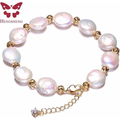 Braque White Real Natural Irregular Women Pearl Jewelry Bracelet,Gold Buckle With Big AAA Zircon,11.5-12mm,Fine Beads Jewelry