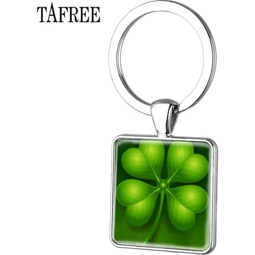 TAFREE Fashion Four-leaf clover Square keychain Art picture Green leaf Antique keychain car for women Gift QF316