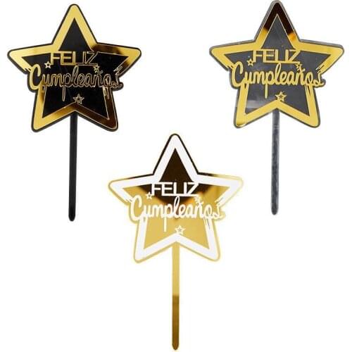 Double Star Feliz Cumpleanos Spanish Acrylic Cake Topper Golden Pentagram For Happy Birthday Wedding Party Cake Decoration