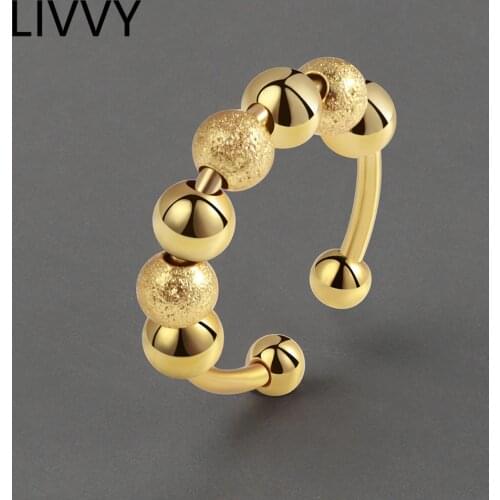 LIVVY Silver Color Smooth Frosted Round Bead Ring For Woman Unique Design Handmade Open Adjustable Fashion Jewelry Gifts