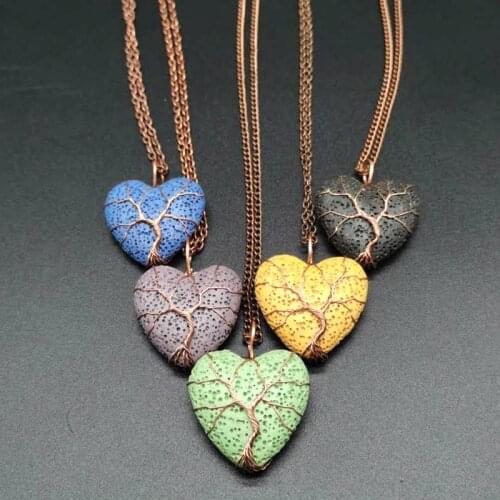 Tree of Life Copper Wire Wrapped Heart Lava Stone Essential Oil Diffuser Necklace Aromatherapy Stone Necklace Jewelry