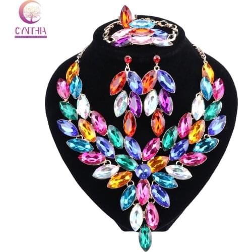 Fashion Multicolor Crystal Rhinestones Necklace Earrings Bracelet Ring For Women Wedding Charm Bridal Jewelry Sets 5 Colors