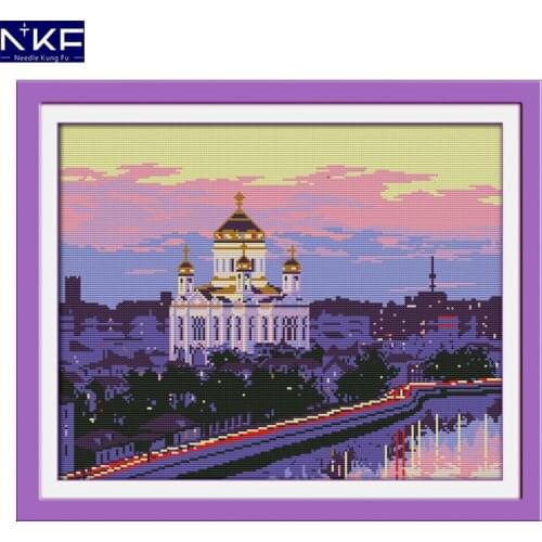 NKF The Courtyard Building Chinese Cross Stitch Pattern DIY Needlework Embroidery Scenery Cross Stitch for Home Decor