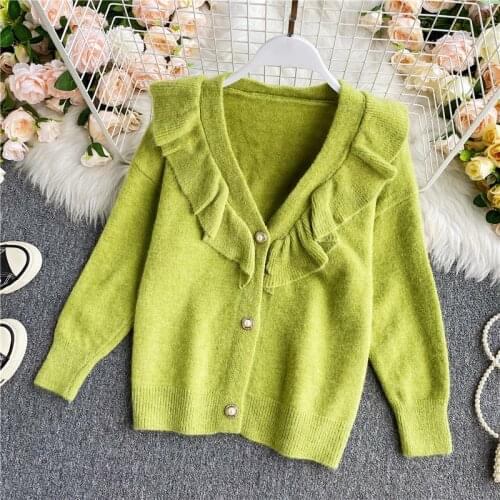 2020 New Arrivals V-neck Sweater Autumn Winter Super Fairy Ruffled Long-sleeved Loose Knitted Pullovers Casual Lady Tops