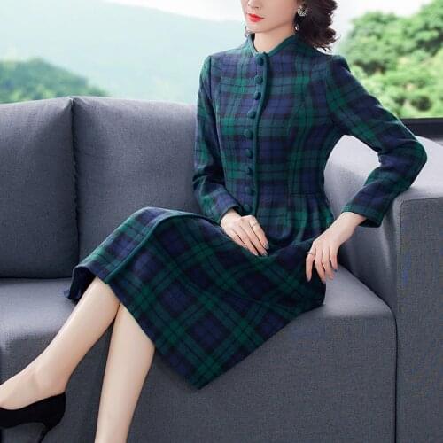 Autumn Winter 3XL Plus Size Green Plaid Woolen Dresses 2021 Casual Vintage Warm Midi Dress Women Bodycon Elegant Party Vestidos