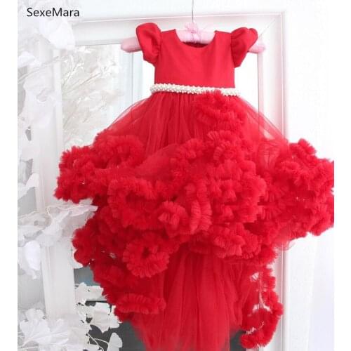 High-Low Red Flower Girl Dress for Wedding Party Pearls Waist Cloud Tulle Girls Pageant Gown Birthday Dress