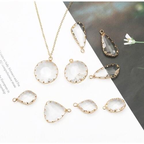 1pc Geometry Faceted Glass Crystal Charm Pendant With Gold Plated Copper Flat Wrapped DIY Earring Necklaces Jewelry Find Makings