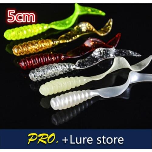 Free shipping 200pcs 5cm colorful soft material circle tail shinny isca grub worm maggot fishing lure baits for pond fishing