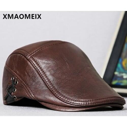 XMAOMEIX 2021 New Natural Genuine Leather Caps For Men Cowhide Berets Adjustable Size Warm Fur Hat Novelty Brands Tongue Cap