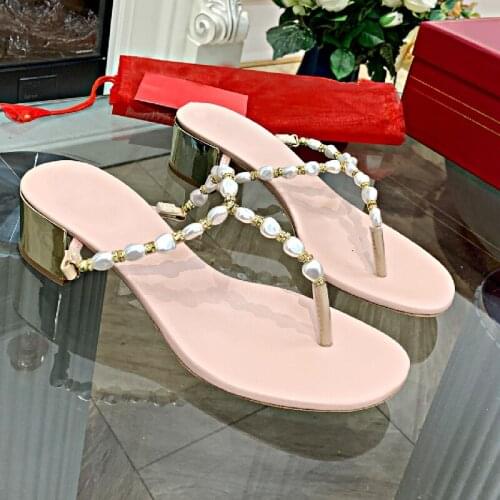 Summer Women Shoes Ladies Concise Pearl Slippers Fashion Femme Chaussure Casual Peep Toe Middle Heels Female Black Slides