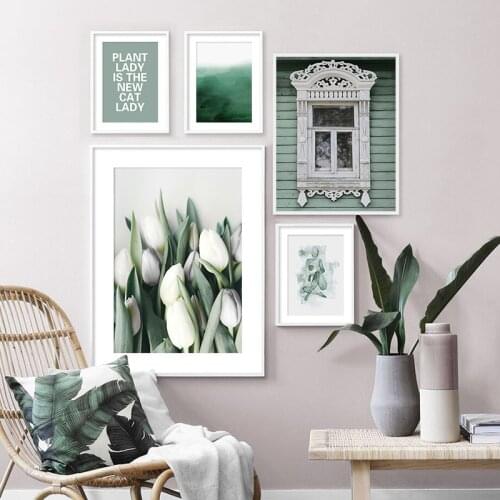 Scandinavian Green Plant Flower Window Canvas Poster Abstract Woman Nordic Print Wall Art Painting Decoration Picture Home Decor