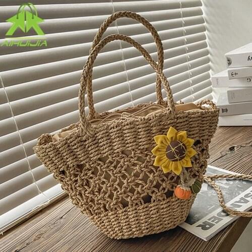 Straw Bag Ladies Woven Handbag Summer New Bohemian Style Flower Design Rattan Bag Drawstring Casual Beach Shoulder Crossbody Bag