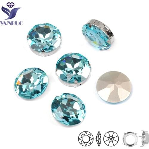 YANRUO 1201 Rivoli 27mm Aquamarine Glass Stones Rhinestones Pointback Gold Sew On Round Claw Stones For Dresses Clothing