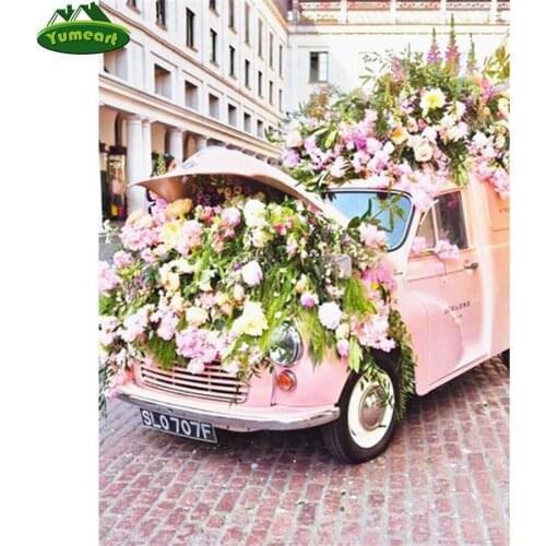 Yumeart Diamond Painting by Number Flower Car Full Square Drill Diamond Embroidery Mosaic Kit Landscape Bicycle Decorations Home