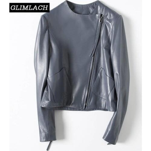 New Design Harajuku Genuine Leather Jackets Women O-Neck Zipper Motorcycle Real Leather Jacket Coats Fashion Big Pockets Short