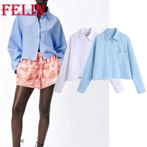 Women Oversized Chic Blue Shirts Za 2021 Single Button Casual Pockets Blouses Long Sleeve Elegant Mujer Tops