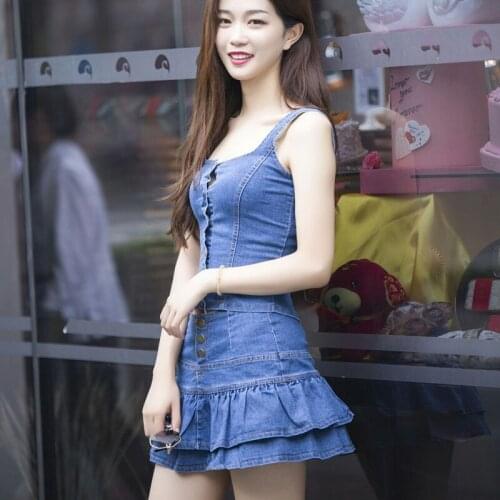 2020 Sweet Fashion New Denim Camisole+Ruffled Skirt Pants Wash Water Sexy Denim Suit Summer Slothes For Women Two Piece Set