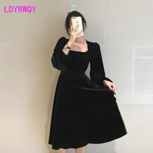 2020 spring new retro Hepburn style square collar waist velvet small dress female Regular Knee-Length Office Lady