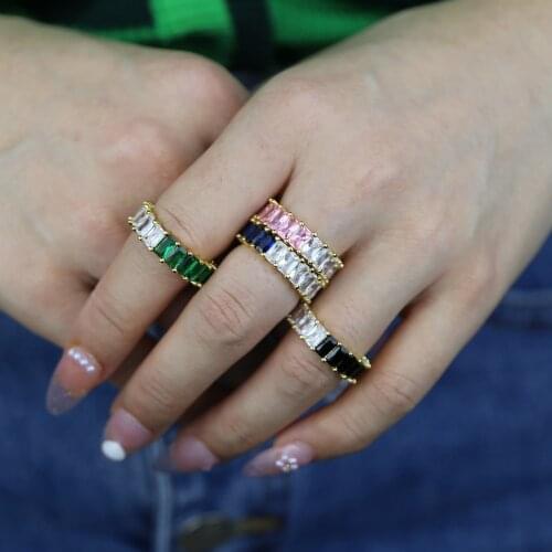 High Quality new half white half pink green blue square zircon stone paved wide band ring for women girl fashion wedding jewelry