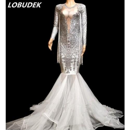 Women Sexy Stage Rhinestones Long Dress Sparkling Crystals Nightclub Birthday Party Stage Wear One Piece Singer Dancer Costume