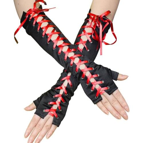 1 pair Halloween Gothic Hand Cuff Wrist cuff Hand Accessory Fingerless Gloves Lace-Up Gloves Showgirl Gloves # CUF19002