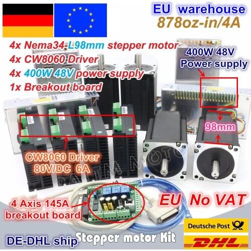 DE 4Axis CNC controller Kit NEMA34 878oz-in stepper motor Single shaft+CW8060 Driver 6A 80V/DC for CNC Large size Router Milling