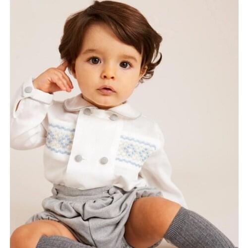 2021 Spanish Baby Boys Clothes Set Children Hand Made Smocked White Shirts Peter Pan Collar Gray Shorts Toddler Smocking Outfits