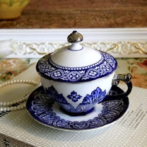 Silver Blue and white porcelain dish with a cup of coffee cup with lid cover set