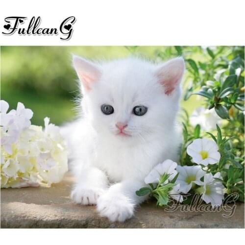 FULLCANG diy 5d diamond mazayka white cat and flower dimond painting animals full square/round drill embroidery sale kit FC1380
