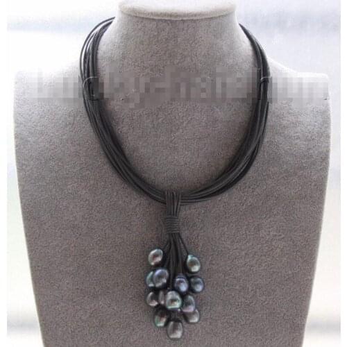 Hot sale new Style >>>>>Choker 16" 15row 14mm peacock Black pearls dark gray leather necklace j9554