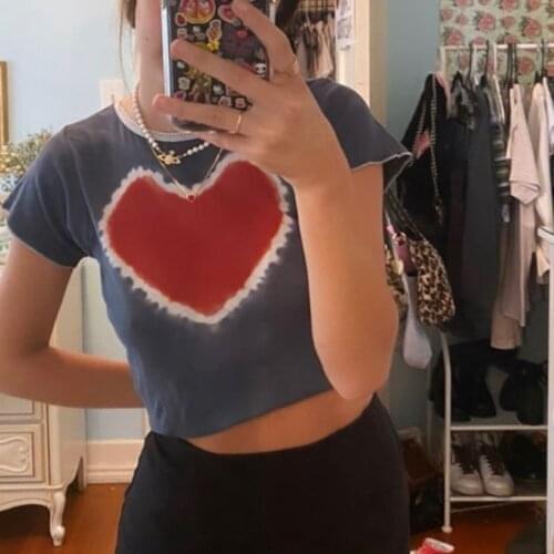 Harajuku Graphic Red Heart T-Shirt O-Neck Short Sleeve Slim Fit Crop Top Y2K Aesthetic Streetwear 90S Vintage Women Clothes