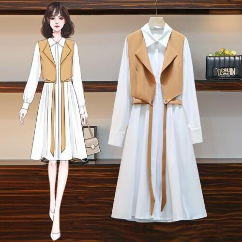 JSXDHK M-5XL Plus Size Spring Two Piece Set Women Designer White Long Sleeve Shirt Dresses Sets And Fashion Short Vest Tops Suit