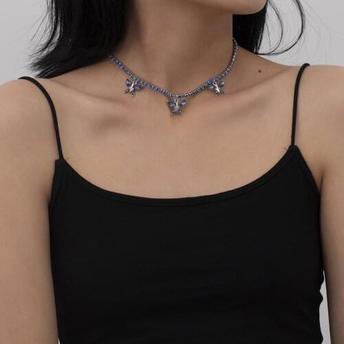 Jusieber Bling Blue Butterfly Pendant Necklace Female Shiny Crystal Clavicle Chain Necklaces Chokers Jewelry Party Gift New