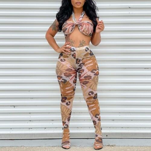 Sexy Mesh See Through Two Piece Set Women Summer Halter Bandage Crop Top Print Foot Pants Leggings Set Club Outfits for Women