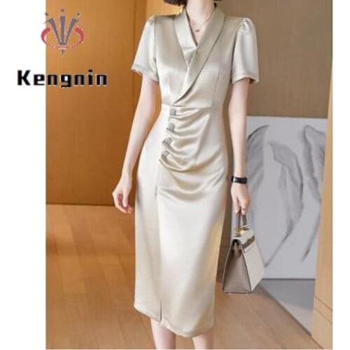 Summer Women Dresses 2021 New Slim V-Neck Satin Pleated Party Dresses Lady Vestidos Dress Oversize Female Robe Dress KE1479