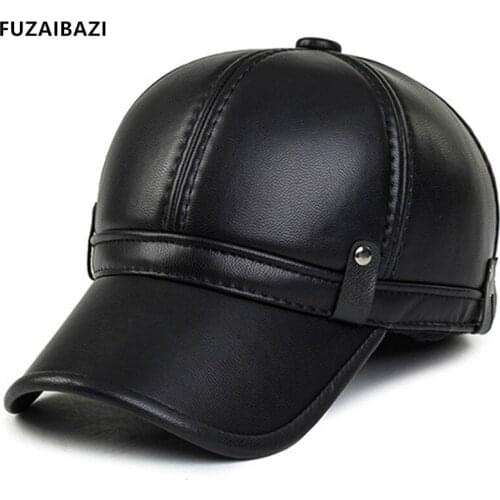 FUZAIBAZI Fashion Winter Middle-Aged Old Mens Warm Ear Protection Baseball Cap Pure Color Wild Casual PU Tongue Caps Dads Hat
