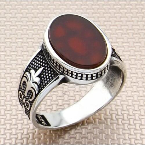 Oxidized Straight Oval Red Agate Stone Men Silver Ring Little Finger Silver Ring Made in Turkey Solid 925 Sterling Silver