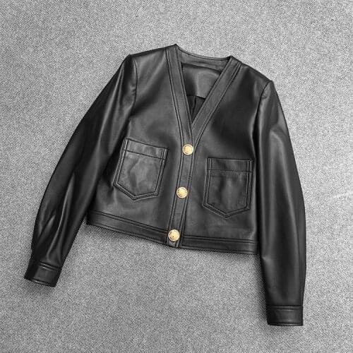 Autumn Factory new style V-neck real leather sheepskin jacket ,women casual genuine leather coat NR