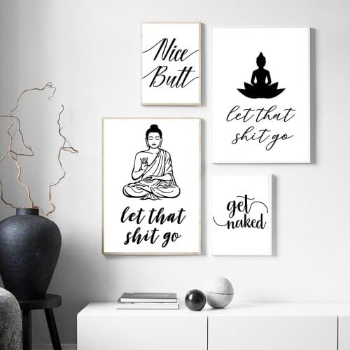 Let That Shit Go Quotes Black And White Lucky Buddha Posters And Prints Wall Art Abstract Canvas Painting Modern Home Decor