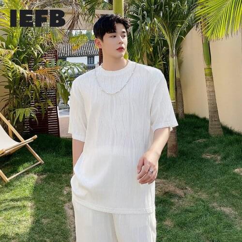 IEFB Round Collar Causal White T-shirt For Men 2021 New Ins Short Sleeve Fashion Tops Round Collar Mens Tee Send Necklace 9Y7770