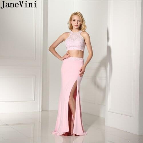 JaneVini Chiffon Two Pieces Bridesmaid Dresses 2019 Pink Side Split Sleeveless Beading Mermaid Elegant Dress for Wedding Party