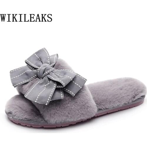 Fur Slides Ladies Fuzzy Slippers Winter Flat Home Slippers Women Pink Cute Plush Slippers Female Shoes 42 Big Size Womens Shoes