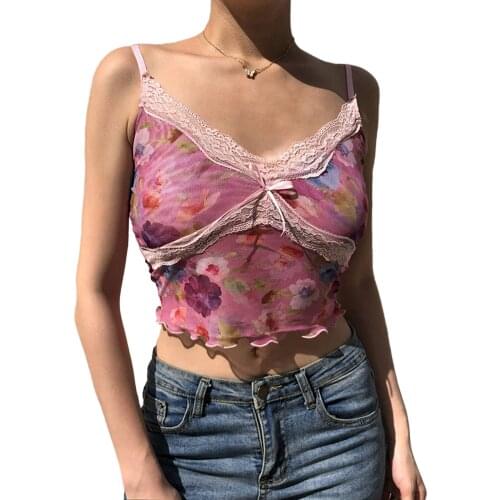 Women Personality Printing Camisole Summer Sexy Flounce V-neck Mesh Yarn Exposed Navel short Tops floral knitting Camisole