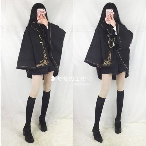 Japanese Autumn and Winter Girl Cool Lapel Dark Night Earl Handsome Embroidered Dovetail Woolen Cloak Thickened Overcoat Jacket