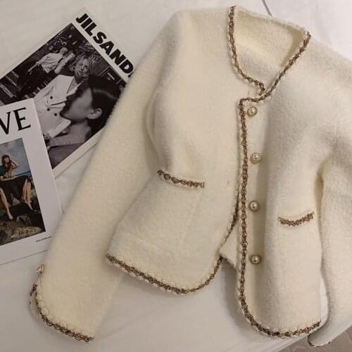 Imitation mink velvet jacket women short coat women autumn and winter wear 2021 new lace pearl buckle outer wear knitted top