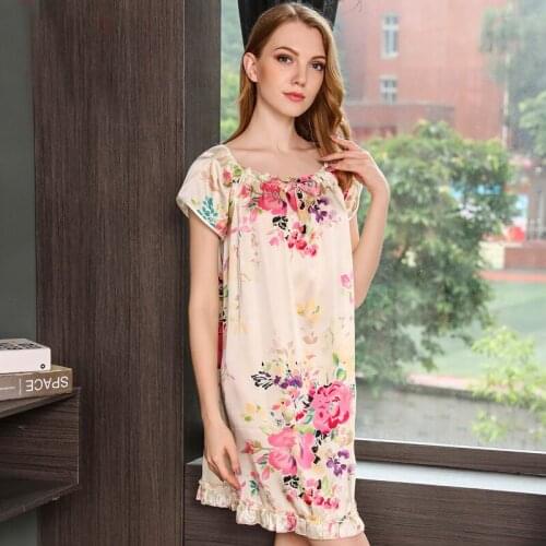 Women Pure Mulberry Silk Sexy Women Summer Short-sleeved Nightdress L 100% Mulberry Silk Night Skirt SleepwearNightgown