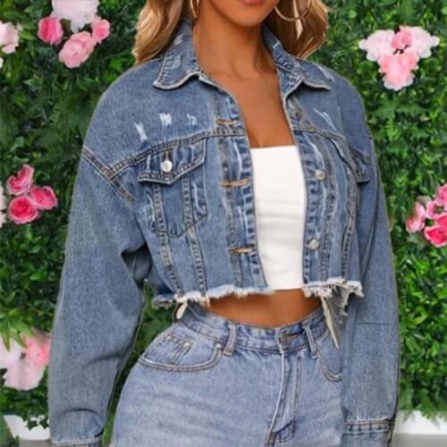 Womens Cropped Jeans Jacket Denim Fringed Short Coats for Women Autumn Holes Vintage Casual Jackets Woman 2021 Streetwear Coats