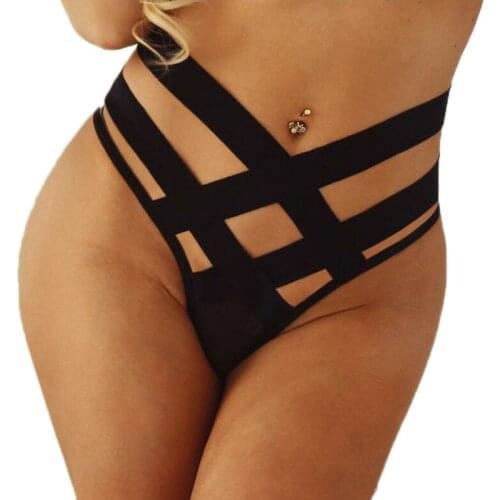 Plus Size High Waist Black Solid G-String Hollow Out Strappy Criss Cross Wide Bandage Briefs Underwear T-Back Thongs S-3XL