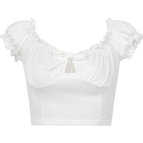 2021 New Women Off Shoulder Crop Tops, Short Puff Sleeve Solid Color Tie Knot Front Frill Trim T-Shirts
