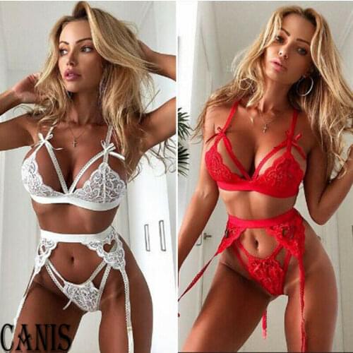 Women Sexy Lingerie Lace Bra Set G-string Panty Underwear Nightwear Bodysuit Red White
